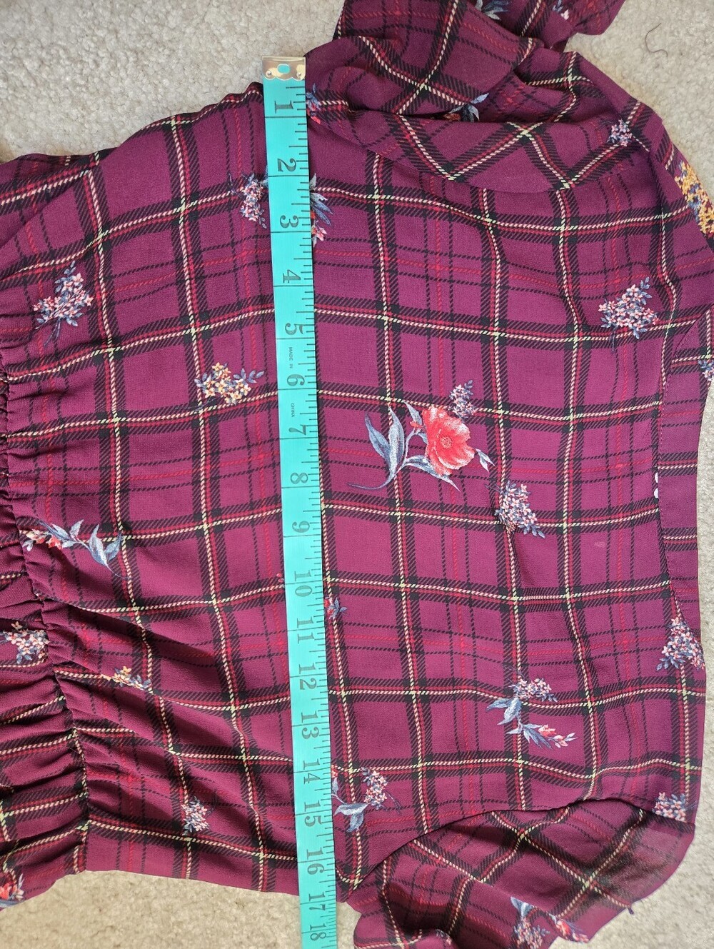 Orange Creek Burgundy Plaid Floral Long Sleeve Midi Dress. Size Small - Picture 13 of 15